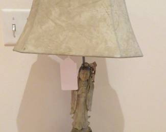 Antique carved stone Goddess Guanyin lamp with embossed base.