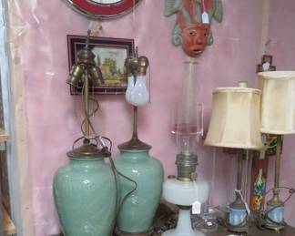 Older lamps including Wedgwood Jasper.