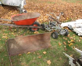 wheel borrow, old atv frame, garden tractor plow blade