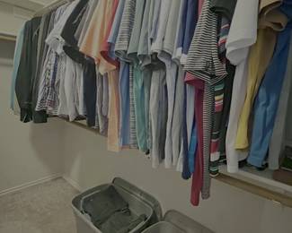 Lots of Travis Mathew golf polos and Travis Mathew shorts, Callway golf polos, size XL. Other mens shirts, size M. Men's Lucky Brand jeans and shorts.