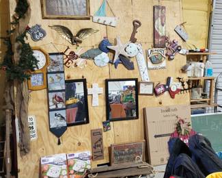 Wall hangings, crosses, mirrors, clock, baby gate, eagle