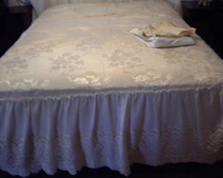Brocade beaded and satin and lace comforter, bed ruffle and 2 shams   Complete queen bed