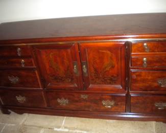 Asian inspired console/bureau   with carved Herons on the doors