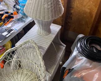 Wicker bedroom set, table, lamp, chair bed frame and mirror 