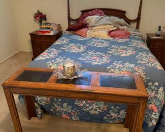 Traditional Queen bed with matching side tables and floral bedding, and full size dresser—excellent condition.