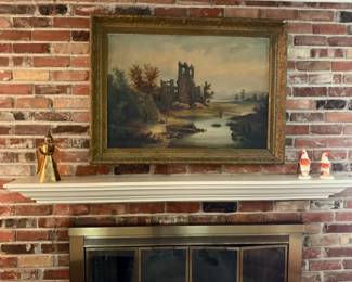 Large framed oil painting of pastoral river scene with ornate gold frame—adds warmth and sophistication to any room.