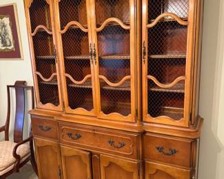 Vintage Solid Wood China Cabinet / Hutch: Center drawer folds to a desk drawer