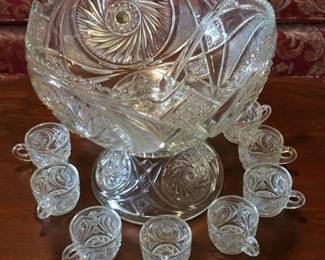 LE Smith punch bowl, pedestal, cups and glass ladle