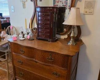 Antique oak dresser and mirror, jewelry box and porcelain dresser jars