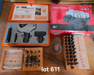 Set of letter stamps, threading tool and bi-metal hole saw kit