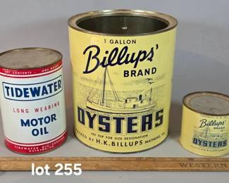 Billups Oysters and Tidewater Motor Oil cans