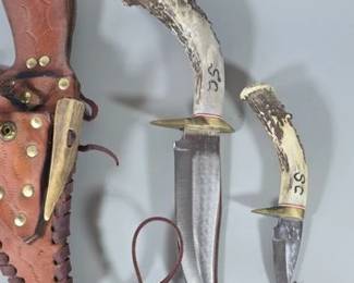 Pair of stag handle knives in case