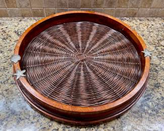Round Wood and Wicker Serving Tray with Silver-tone Starfish and Shell