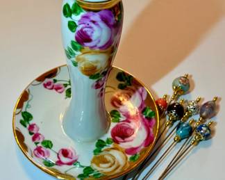 Limoges Hat Pin Holder with Hat Pins