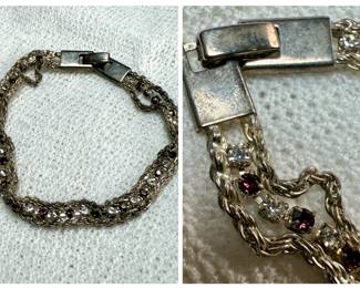 Vintage Silvertone Bracelet with Purple and Clear Crystals