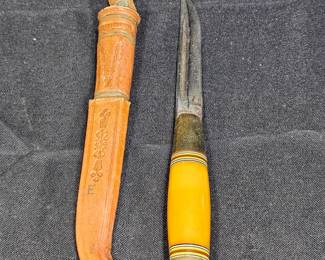 Vtg Horsehead Pukko Knife w/ Tooled Leather Sheath