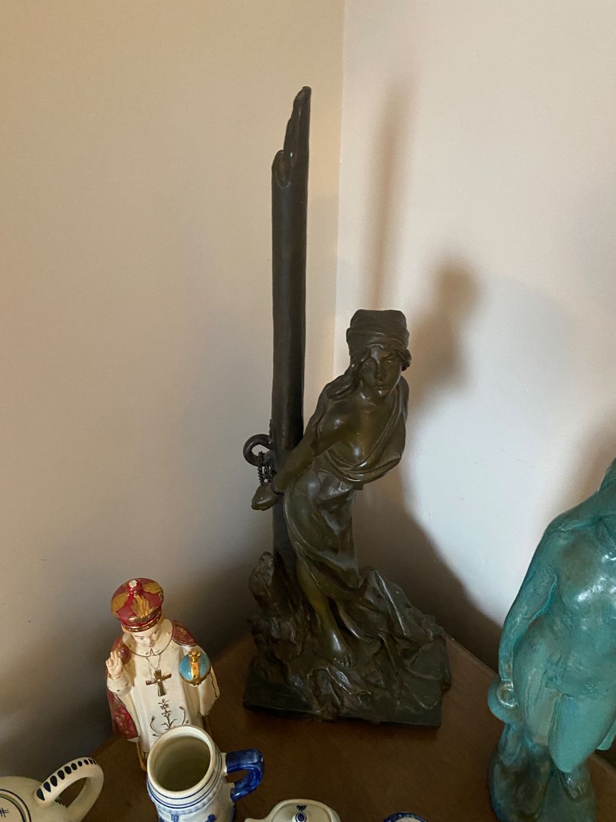  Antique Emmanuel Villanis Bronze Female Sculpture Entitled "L' Otage" (25" Tall/Statue has Crack Around Tree Area )