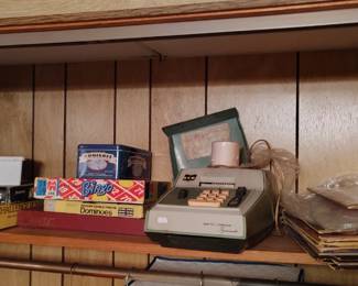 Dominos, Board Games, Vintage Adding Machine. Records. 