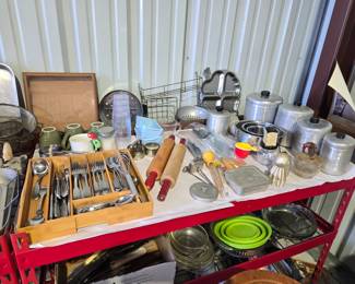 Vintage kitchen items and Towle stainless flatware set