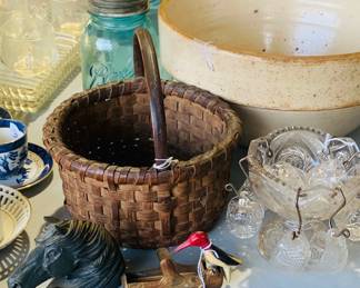 Antique basket, bowl and toothpick holder