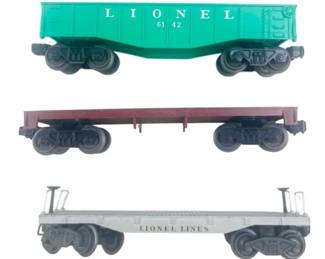 Lionel Freight Cars: #6411 Grey Flat Lumber Car #1877-3 Brown Flat Car #6142 O Gondola Freight Car