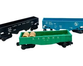 Lionel Cars: # 6456 Lehigh Valley Hopper Car # 6142 Green Short Gondola Great Northern 2 Bay Hopper Car