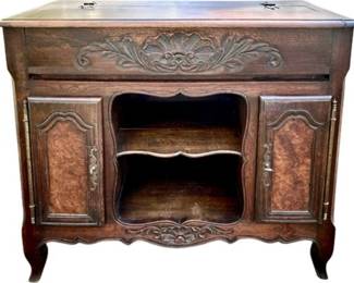 Country French Lift Top Buffet - Shell Carving, Cabriole Legs, Burl-Wood Panels, French Hardware