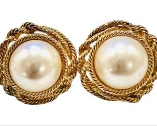 "Napier" Gold Tone & Synthetic Pearl Costume Mobe Earrings - Signed "Napier"