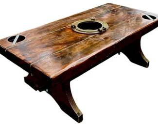 Ship's Hatch Cover Mounted As A Coffee Table - Trestle Wine Holder Base - Original Brass Porthole & Fittings