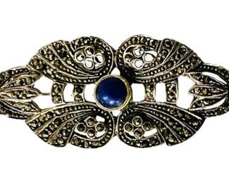 Sterling Silver & Marcasite Brooch With Lapis Cabochon - Signed 925