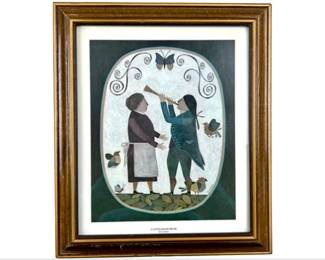 Framed Lithograph Print By R. Davey Primitive Folk Art "A Little Light Music"