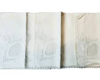 Vintage Hand Embroidered & Monogrammed Linen Oversized Dinner Napkins - Point De Venise Detailing