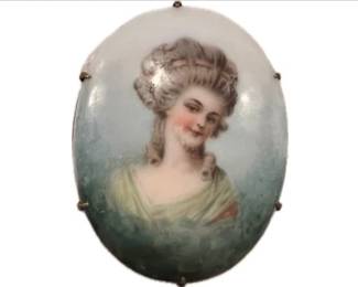 Antique Porcelain Brooch - Brass Prong-Setting & Clasp