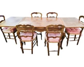 Country French Ladder-back Chairs & Parquetry Dining Table Plus Two Leaves