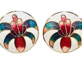 Vintage Cloisonne Enamel Earrings - Butterfly Hallmark On Reverse