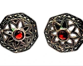 Sterling Silver, Garnet, & Marcasite Earrings - Signed 925