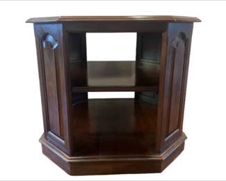 Ethan Allen Octagonal Drum Table With Raised Panels & Floating Shelf