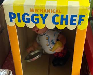 Tin Litho Mechanical Piggy Chef in Box
