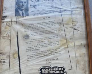 Old Southside Hardware Greensboro, N.C. Framed Paper Ephemera