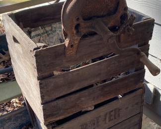 Old Corn Sheller with Wooden Crates