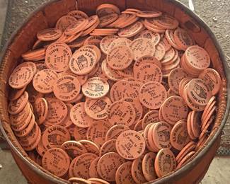 Nail Keg Full of Wooden McNeill Farm Center Tokens