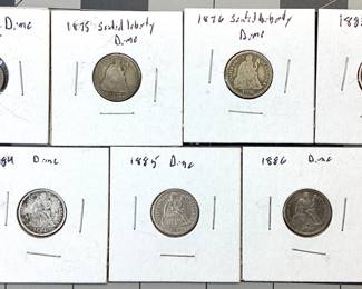 1800'S DIME AND HALF DIME LOT 1875, 1876 CARSON CITY, 1883, 1884, 1885, 1886 SEATED KIBERTY DIMES AND 1853 HALF DIME