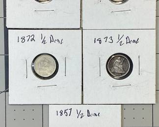 5 SEATED LIBERTY HALF DIME LOT 1857, 58,61,72,73 SEATED LIBERTY HALF DIMES