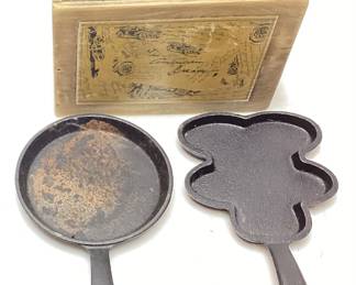 2 SMALL CAST IRON SKILLETS & SMALL WOOD CRATE