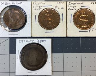 4 BRITISH COIN LOT 1797 GEORGE III HALF-PENNY WITH COUNTER STAMP W, 1900 VICTORIA PENNY, 1935,38 ENGLISH LARGE CENT