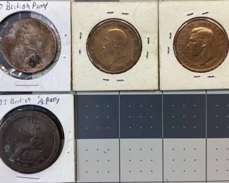 4 BRITISH COIN LOT 1797 GEORGE III HALF-PENNY WITH COUNTER STAMP W, 1900 VICTORIA PENNY, 1935,38 ENGLISH LARGE CENT