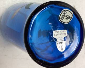 FENTON HAND PAINTED TWILIGHT BLUE TULIPS TRANSPARENT VASE, 10in