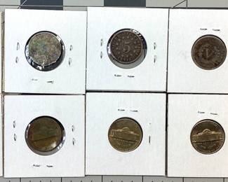 9 NICKEL LOT,3 CENT,V,WAR,BUFFALO,SHIELD 1866 3 CENT NICKEL, 1893, 1911 V NICKEL, 1935 DENVER BUFFALO, 1945 SAN FRANCISCO WAR NICKEL (35% SILVER), 1949,1950 D JEFFERSON, 1869, 1882 SHIELD NICKELS