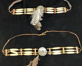 (2) HAND CRAFTED NATIVE AMERICAN BONE HAIRPIPE CHOKER NECKLACES w ABALONE & FEATHERS, BOUND WITH LEATHER AND SPACER BEADS