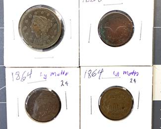 LARGE CENT, (3) TWO CENT COIN LOT WONDERFUL CONDITION 1856 LARGE CENT, (2) 1864 LARGE MOTTO AND 1868 TWO CENT COINS